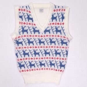 Vintage Reindeer Fair Isle Sweater Vest V-Neck Knit‎ Cream Blue Red Juniors M